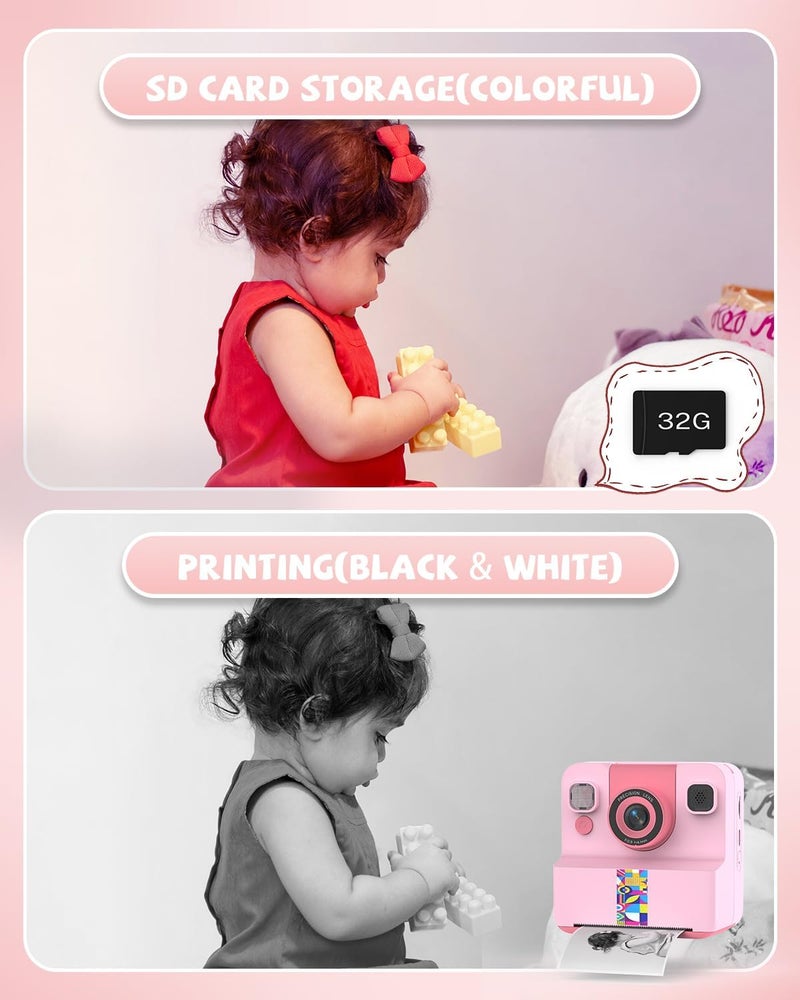 Sylvanthos Kids Camera Instant Print, Digital Camera for Kids, 180° Rotating Selfie Lens with 32GB SD Card & 2 Rolls Printing Paper Kids Toy Birthday Gifts for Boys Girls Ages 3-12, Pink - Image 5